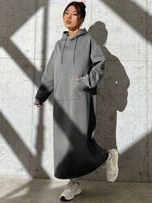 Muchica Hooded Drawstring Sweatshirt Dress - Grey - View 3