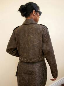 SHEIN ICON Pu Vintage Frayed Long Sleeve Moto Jacket - Khaki - View 2