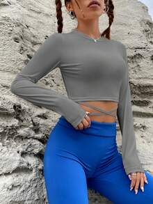 SHEIN EZwear 交叉系带修身个性化T恤 - 灰色 - 查看 6