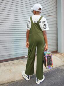 SHEIN Niño preadolescente 1 pieza mono overol con diseño de bolsillo con solapa - Verde militar - Ver 2