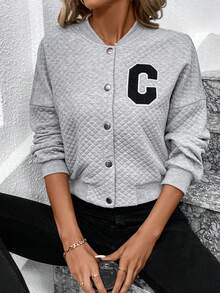 SHEIN LUNE Của phụ nữ Kim cương Textured Áo khoác Với Lá thư - Xám - Xem 5