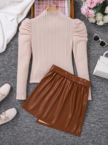 SHEIN Teen Girl高領充氣袖t卹&不對稱下擺配腰帶半裙