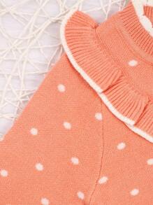 Baby Girls' Polka Dot Print Contrast Color Edging Ruffled Detail Cardigan With Open Front