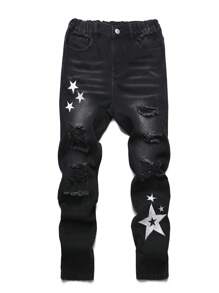 SHEIN Explorewe Quần jean phong cách đường phố Tween Boy hợp thời trang thêu ngôi sao, viền nhăn và sờn - màu đen - Xem 1