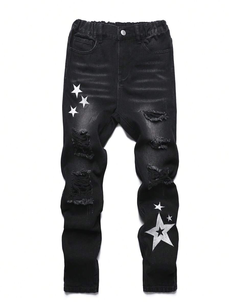 SHEIN Explorewe Quần jean phong cách đường phố Tween Boy hợp thời trang thêu ngôi sao, viền nhăn và sờn - màu đen - Xem 1
