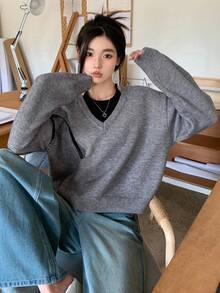 Dazy Star Của phụ nữ Thả vai Áo len - Xám - Xem 2