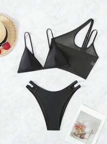 Conjunto de bikini de copa triangular de color liso con cubridor, 3 piezas/set, playa de verano - Negro - Ver 3