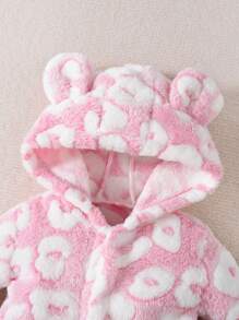 SHEIN 嬰兒女孩豹紋圖案3d耳朵設計連帽絨毛睡衣連體衣 - 粉色 - 查看 4