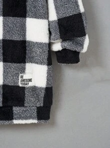 SHEIN EZwear 格紋印花落肩袖抽繩搖粒絨連帽衛衣裙 - 黑與白 - 查看 4