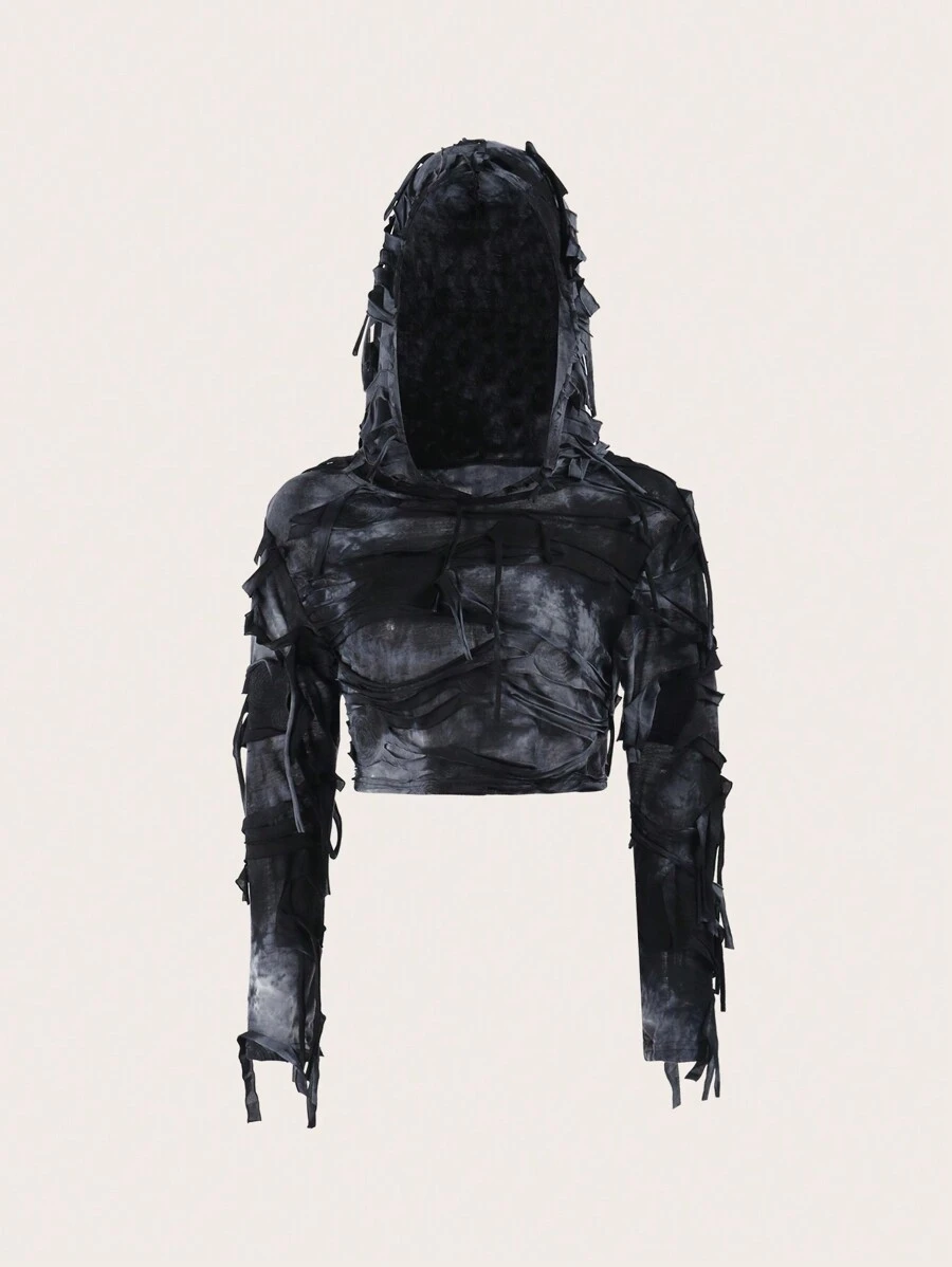 EgrlEra Tie-Dye Distressed Hoodie Y2K Outfit  - Black - View 1