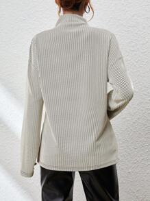 SHEIN Essnce Stand Collar Vertical Striped T-shirt - Black and White - View 2