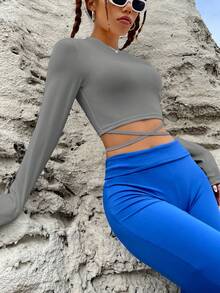 SHEIN EZwear 交叉系带修身个性化T恤 - 灰色 - 查看 3