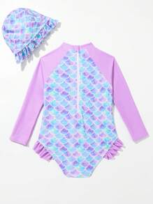 Young Girl Long Sleeve One-Piece Swimwear With Swim Cap, Suitable For Beach, Pool, And Indoor Swimming - Multicolor - View 2
