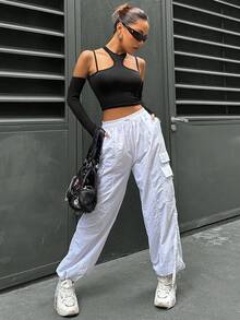 SHEIN Unity Chất rắn Vai lạnh Áo phông Crop Có tay áo - màu đen - Xem 5