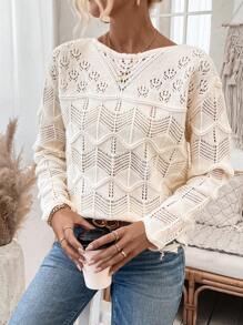 SHEIN Clasi Women'S Hollow Out Knitted Drop Shoulder Sweater - Beige - View 4