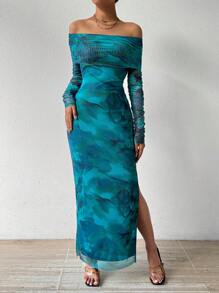 Chiquease Đầm Maxi trễ vai nhún bèo cho nữ - Màu xanh Cadet - Xem 4