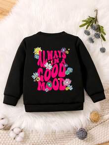 SHEIN Girls' Fleece Sweatshirt With Slogan And Floral Print - Black - View 1