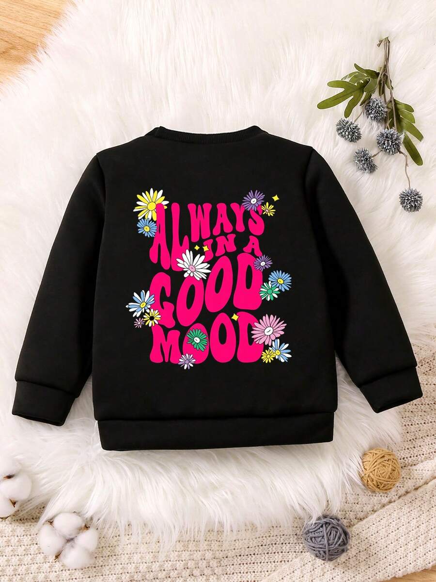 SHEIN Girls' Fleece Sweatshirt With Slogan And Floral Print - Black - View 1