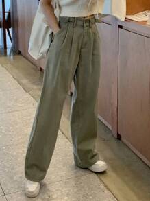 DAZY Cao eo Chi tiết nếp Quần chân thẳng - màu xanh lá - Xem 4