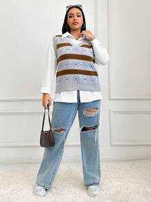 SHEIN EZwear 加大尺碼1件條紋圖案毛衣背心 - 彩色 - 查看 3