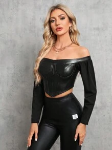 SHEIN Tall Blusa in pelle PU con spalle scoperte e orlo asimmetrico - nero - Visualizzare 5