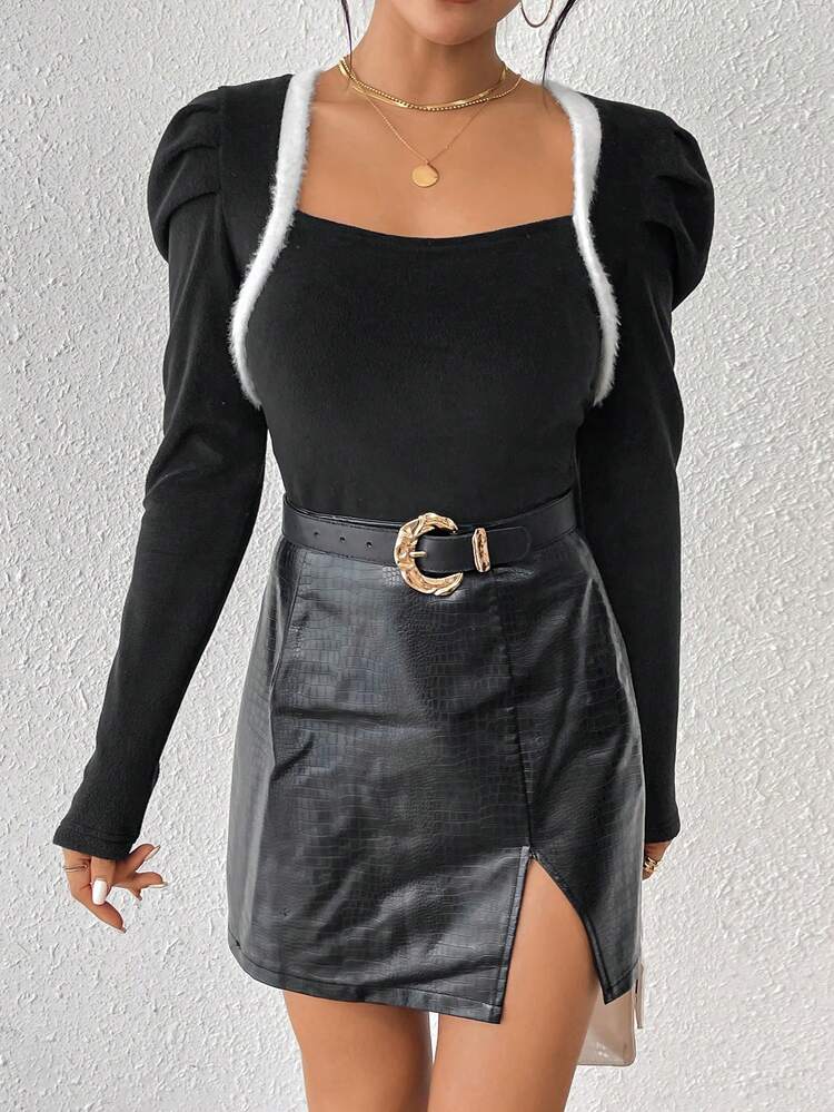 Women's Fluffy Fleece T-shirt With Leg-of-mutton Sleeve