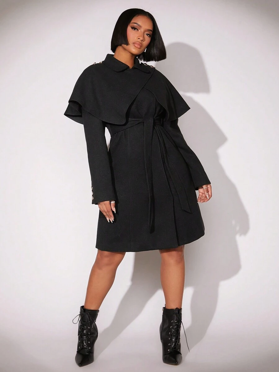 SHEIN SXY Năm mới Của phụ nữ Đen Len Áo choàng Đến - màu đen - Xem 1