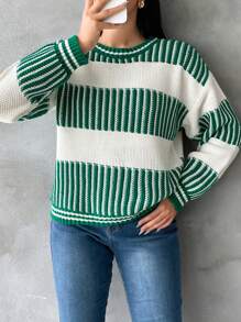 SHEIN Cottnline Plus Striped Pattern Drop Shoulder Sweater - Green - View 4