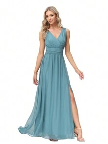 V領高開叉雪紡伴娘禮服