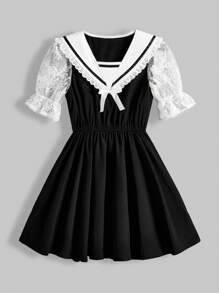 ROMWE Kawaii Của phụ nữ Ren Vá lại Khối màu Cổ thuỷ thủ Đầm - Đen và trắng - Xem 1