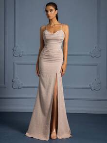 Lace-up Back Split Thigh Cami Formal Dress - Brown - View 3