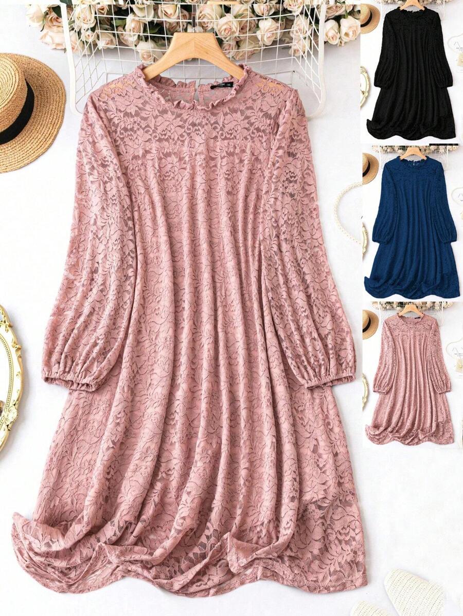 SHEIN Clasi Plus Size 1pc Lace Frill Hem Long Sleeve Dress