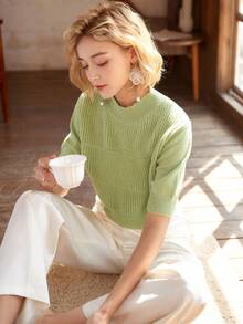 Knit Mix Turtleneck Fitted French Elegant Knit Top, Short Sleeve Pullover, Casual Style, Fashionable Cropped Sweater, Suitable For Back To School Season And Autumn - Lime Green - View 6