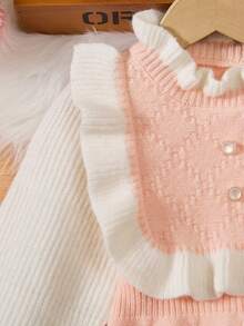 SHEIN 女童半高领撞色灯笼袖荷叶边毛衣连衣裙 - 粉色 - 查看 4