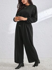 SHEIN Essnce 加大尺寸束腰連身褲 - 黑色 - 查看 6