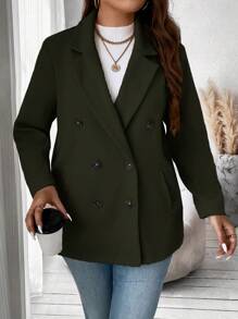 SHEIN Franclia Plus Lapel Neck Double Breasted Overcoat - Army Green - View 6