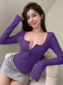 DAZY Chất rắn Nút phía trước Áo thun vừa vặn - Màu tím - Xem 5