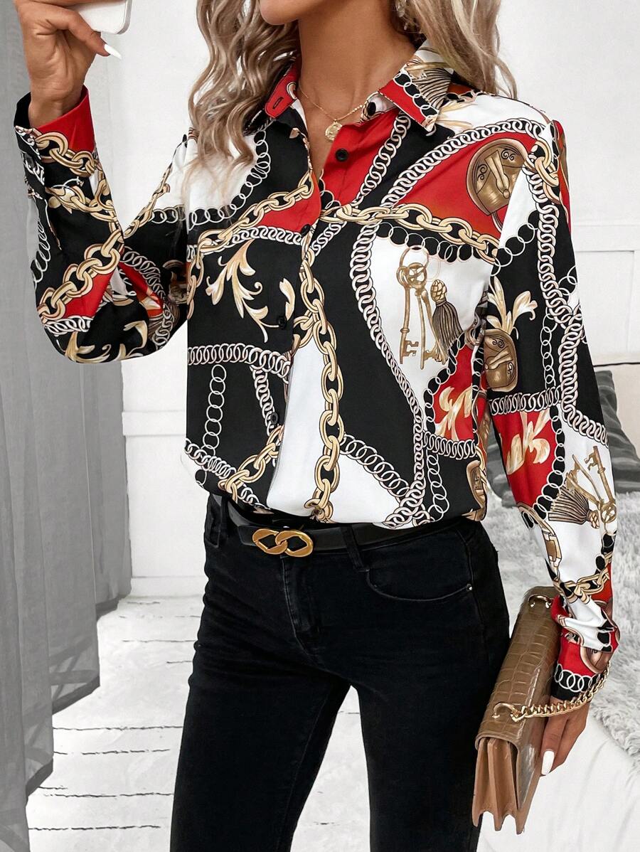 SHEIN Clasi Women's Chain Detail Shirt,Long Sleeve Tops - Multicolor - View 1