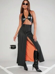 SHEIN Unity Flap Pocket Contrast Split Front Skirt - Black - View 6