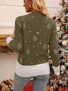 SHEIN LUNE Suéter De Cuello Redondo Tejido Para Mujer Con Diseño De Reno Y Copo De Nieve Y Diseño De Color Contrastante - Verde Oliva - Ver 2
