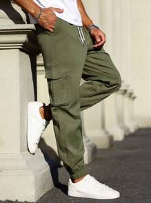 Manfinity Homme Men's Drawstring Waist Cargo Pants With Pockets - Army Green - View 1