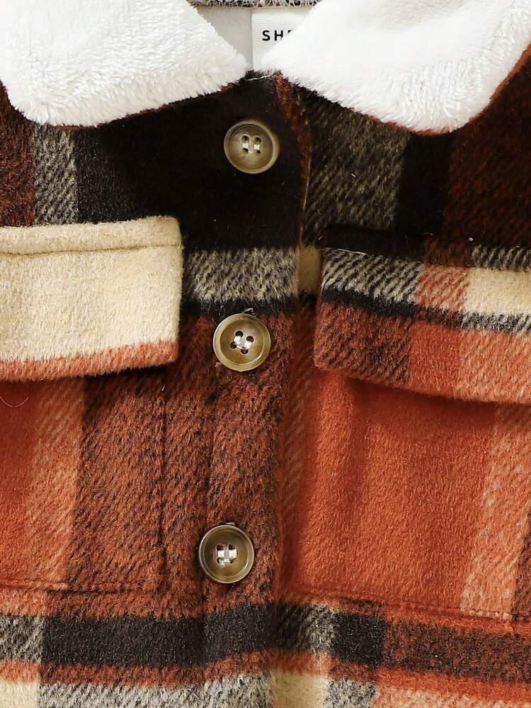 Baby Girl Autumn And Winter Contrasting Plaid Fur Collar Jacket And Denim Effect Trousers Suit