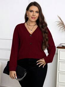 Elenzga Plus Size V-Neck Long Sleeve T-Shirt, For Thanksgiving Fall Cloth For Women - Burgundy - View 5