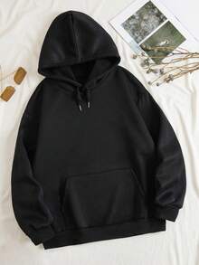 SHEIN EZwear 大尺碼單色束口連帽衛衣 - 黑色 - 查看 4