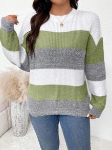 SHEIN Frenchy Kích thước lớn Vòng cổ Tương phản Màu sắc Thả vai Áo len - màu xanh lá - Xem 3