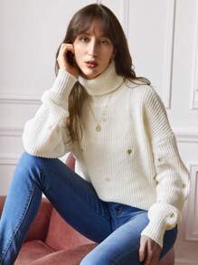 SHEIN Frenchy Women's Heart Embroidery Turtleneck Sweater Winter White Casual - White - View 4