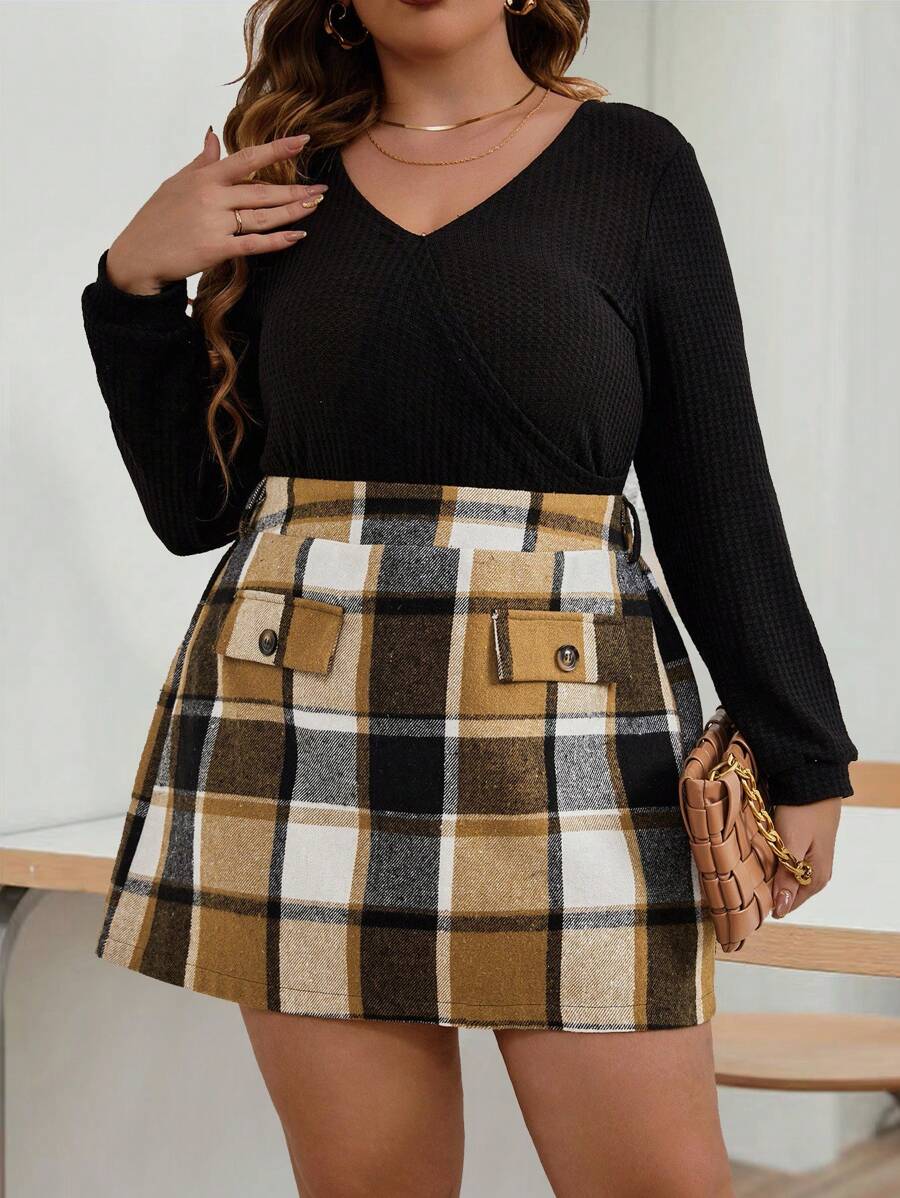 SHEIN CURVE+ 大碼格紋印花翻蓋細節半身裙 - 彩色 - 查看 1