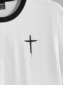 GENTILAND 拼色十字印花男式短袖 T 恤（带绑带装饰） - 白色 - 查看 3