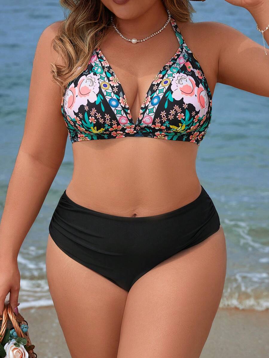 Swim Lushoire Summer Beach Women's Plus Size Halter Neck Floral Printed Bikini Set With Tie Side Bottom
