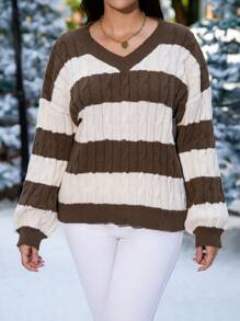 SHEIN LUNE Kích thước lớn Mẫu sọc Thả vai Áo len - Nhiều màu - Xem 5